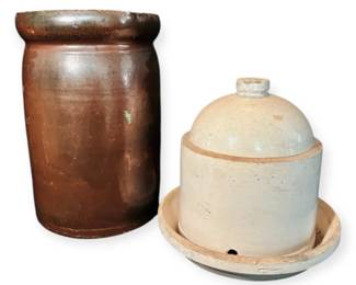 Antique Stoneware Poultry Fountain And Crock