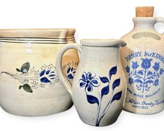 Antique Blue White Stoneware Pitchers and Henry McKenna HalfGallon Bourbon Jug