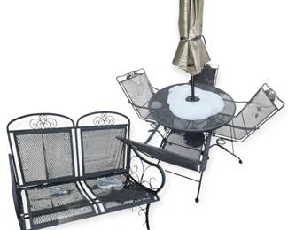 Wrought Iron Patio Table Chair Set w Umbrella  Rocker