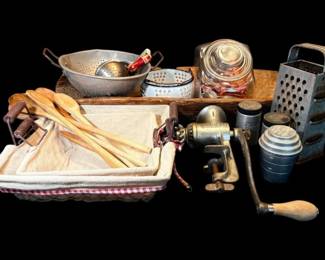 Antique Wooden Dough Bowl, Meat Grinder, Colanders, Cookie Cutters, More