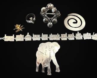 Sterling Silver Bracelet, Brooches, Pin, And Ring 71.88g Total