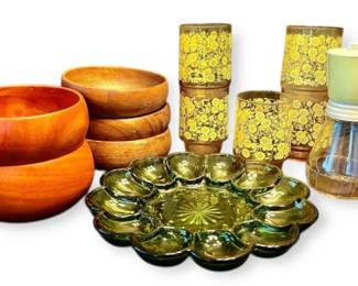 Libbey Yellow Flower Juice Glasses, Monkey Pod Bowls, Green Glass Egg Tray, Vintage Nut Grinder