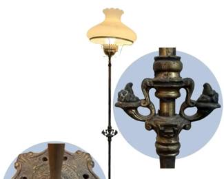 Ornate Metal Hurricane Floor Lamp with Milk Glass Shade