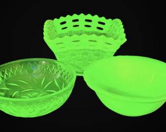 Fenton Vaseline Topaz Basket Weave Dish Two Small Uranium Glass Bowls
