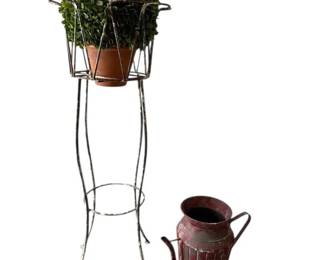 Distressed Metal Plant Stand With Topiary Decorative Watering Can