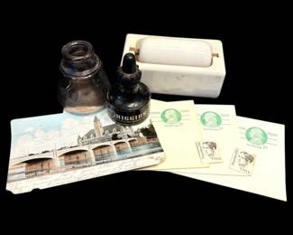 Porcelain Stamp Moistener, Ink Pots, Antique Postcard, More