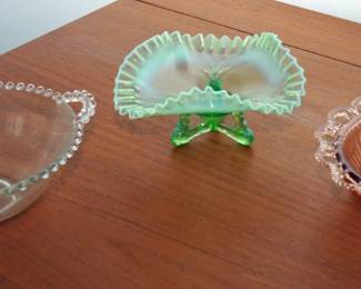 Center:  Fonterra&nbsp;Opalescent Optic White Bowl Dish Thin ribbed 3-Legged Trinket Vintage - Left: Elegant Glass Imperial Candlewick
