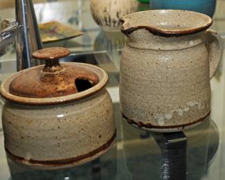 SIGNED STUDIO POTTERY CREAM AND SUGAR BOWLS