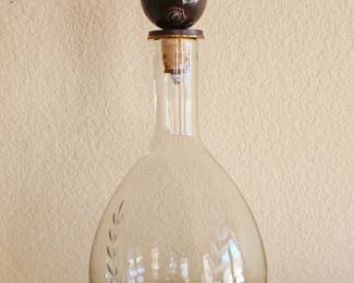vintage Jan Barboglio "Cruz" decanter featuring mouth-blown glass with laurel engraving