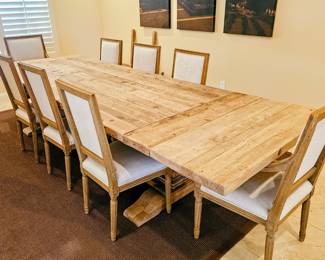 Restoration Hardware Belgian Trestle Dining Table With 2 Leaves
(chairs sold seperately)
The table measures 144" long with 2 leaves by 42" wide by 30" tall. The leaves measure 18" long by 42" wide