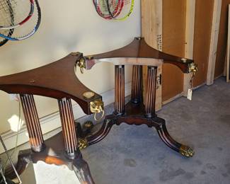 Glass top dining room table. The glass has been freighted and is in the Box along the wall. Just a solid sheet of thick glass that sits atop these two ornate pedestals