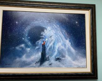  Thomas Kinkade Disney Collection “Sorcerer’s Apprentice” – Limited Edition Canvas Edition: 305 / 395 Canvas Size: 24” x 36” Framed and ready to display This is a limited edition canvas from a smaller edition run of only 395 pieces, making it more desirable than the larger open and high-volume editions. The 24x36 format provides strong wall presence and depth, with textured canvas surface and dramatic celestial composition inspired by Disney’s Fantasia. Details: • Limited Edition – 305/395 • Hand-numbered on canvas • 24” x 36” canvas • Professionally framed • Excellent overall presentation • Disney collaboration piece The artwork presents beautifully in person with strong depth and color. Edition number is visible on canvas. for $950.00