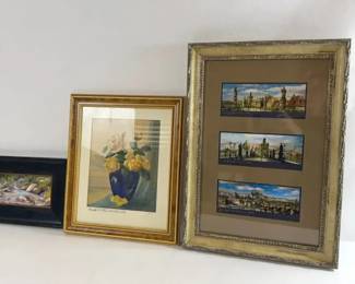 Group of Framed Artwork Including Floral Still Life, Landscape Painting City treo