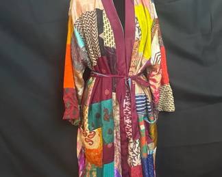 Vintage Patchwork 100 Silk Robe Multicolor Boho Belted Duster