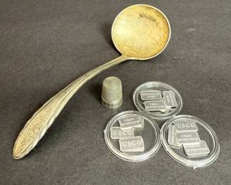 Sterling Silver Serving Spoon, Sterling Thimble, and Assorted One Gram Silver Bars 81.65g