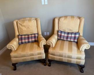 Pair of Wesley Hall Upholstered Armchairs w Carved Wood Legs, Pillows Arm Covers