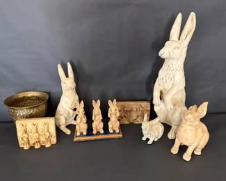 Charming Collection of Decorative Rabbit Figurines and Metal Bowl