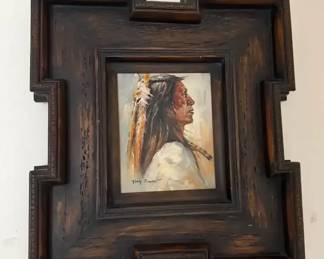 Troy Denton Signed Native American Portrait Painting in Carved Wood Frame
