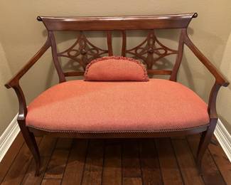 Traditional Inlaid Wood Entryway Bench w Upholstered Seat Lumbar Cushion