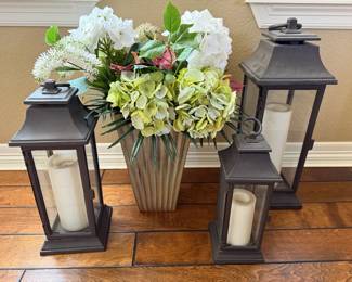 Trio of Decorative Lanterns with Floral Arrangement