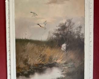 H. Hansung Original Oil Painting Ducks in Marsh Landscape Framed