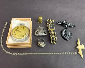 Vintage Jewelry and Accessories Including Pocket Watch, Rings, and Brooches