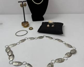 Assorted Jewelry Group with Pearl Necklace, SilverTone Concho Belt  Cameo Pieces
