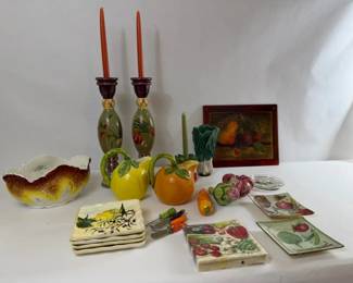 Decorative Fruit Vegetable Kitchen Decor Group with Candlesticks, Plates  Accessories