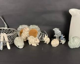 Decorative Bunny Rabbit Figurine Collection with Pewter Coasters, Basket  Wall Plaque 17 Pieces