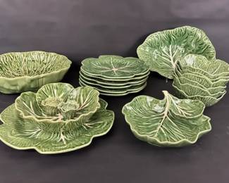  02 Bordallo Pinheiro Portugal Green Cabbageware Vegetable Dish Set 18 Pieces w Shakers