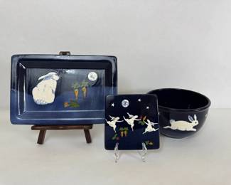 Handmade Pottery Rabbit Serving Set Tray Bowl Coaster Blue Night Scene
