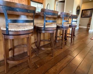 Set of 4 Wood Swivel Bar Stools with Upholstered Seats Metal Accents