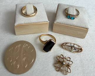 10K 12K Gold Jewelry Group  Rings and Initialed Round Pin