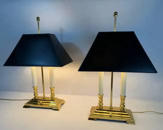 Pair of Brass Bouillotte Table Lamps with Black Tole Shades