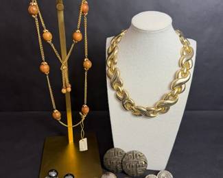 Costume Jewelry Group Gold Tone Necklace, Wood Bead Necklace  Clip Earrings