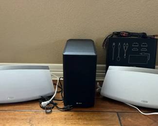 Denon HEOS Wireless Speaker System Lot w Subwoofer, Cables Accessories