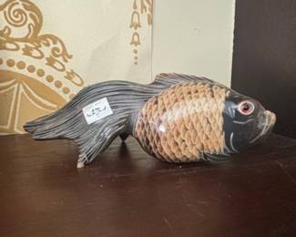 Carved Wood Fish Figurine with Glass Eyes