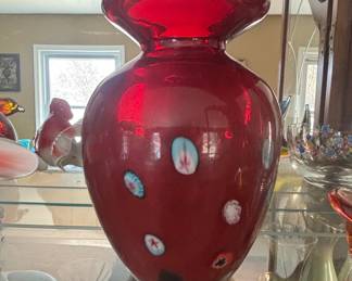 Red Murano Art Glass Vase with Millefiori Inclusions