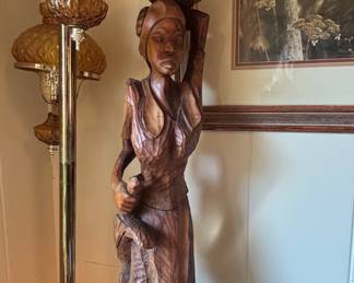 Haitian Hand-Carved Wood Sculpture of Woman with Basket