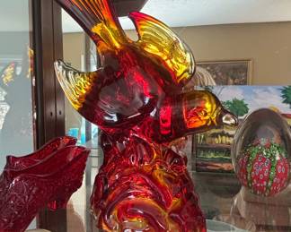 Large Amberina Glass Bird Sculpture