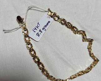We do have a few pieces of 14k. Here is a lovely gold nugget link bracelet with safety clasp. It has all been tested by a jeweler. 