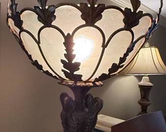 Vintage Art Nouveau Torchiere Floor Lamp with Frosted Glass Shade