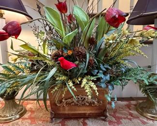 Faux Floral Arrangement in Ornate Vintage Planter
