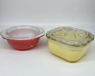 Vintage Yellow Refrigerator Dish with Ruffled Lid and Pink Casserole Dish
