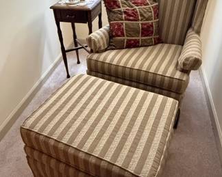 Striped Upholstered Wingback Armchair and Ottoman