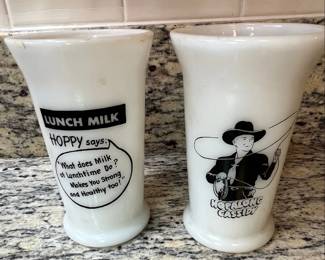 Hopalong Cassidy "Hoppy" Lunch Milk Glass Tumblers by Hazel Atlas Glass Co