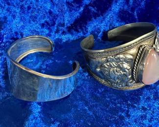 Silver Plain Cuff Bracelet and Ornate Silver with Pink Stone Bracelet