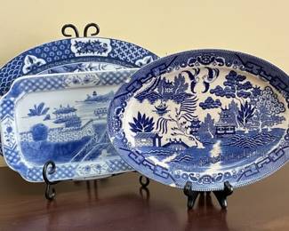 Blue Willow Oval Platter and Rectangular Tray with Floral Border