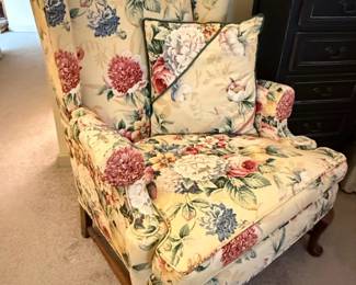 Floral Chintz Upholstered Wingback Armchair with Decorative Pillow