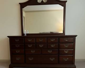 American Drew Cherry Chippendale Style Triple Dresser with Mirror